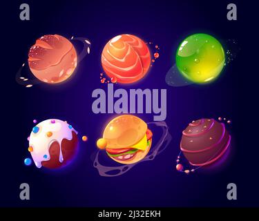 Food planets in outer space. Vector cartoon funny set of spheres with donut, jelly, chocolate candy, burger and salmon texture. Comic set of fantasy t Stock Vector