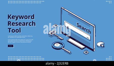 Keyword research tool isometric landing page. Key, magnifying glass and pie chart randomly lying around computer monitor. Seo optimization, analysis s Stock Vector