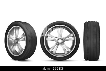 Sport car wheel with japanese steel disk isolated on white background front and side view. Realistic 3d icon of modern black rubber tire for advertisi Stock Vector