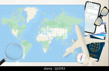 Illustration of a trip around the world. Layout of a journey in preparation. Vector illustration. Stock Vector
