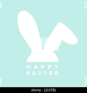 Happy Easter. White bunny ears. Turquoise color. For greeting card, poster, banner. Minimalist style. Vector illustration, flat design Stock Vector