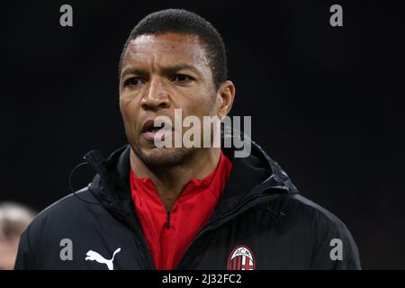 Former player of Ac Milan Nelson Dida  looks on during the Serie A match between Ac Milan and Bologna Fc at Stadio Giuseppe Meazza on April,4 2022 in Milan, Italy. Stock Photo