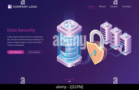 Cyber data security isometric landing page. Server room protected with shield padlock from outer access, computing internet digital technology, databa Stock Vector