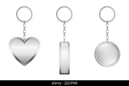 Keychains set. Metal round, rectangular and heart shape keyring holders isolated on white background. Silver colored accessories or souvenir pendants Stock Vector