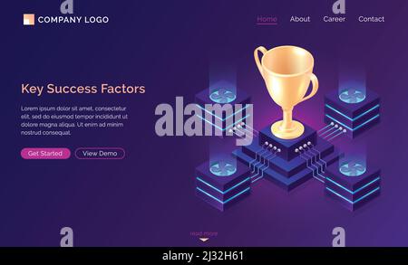 Key success factors, isometric business concept vector. Gold trophy cup on pedestal with traffic server connections, database neon icons on purple ban Stock Vector
