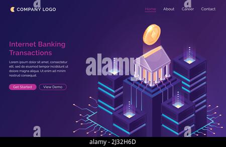 Online internet banking transaction, isometric finance concept vector. Bank building with gold coin on pedestal and traffic connections with servers o Stock Vector