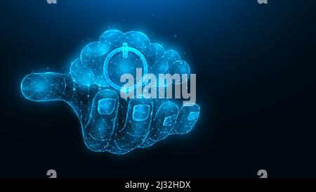 Polygonal vector illustration of a hand holding a cloud with a power symbol on a dark blue background. Cloud computing and data storage concept. Stock Vector