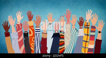 multiethnic hands raised up diversity concept Stock Photo - Alamy