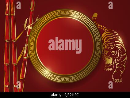 Decorative golden circle with oriental ornament, golden tiger and bamboo line art, chinese new year greeting card theme Stock Vector
