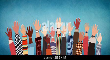multiethnic hands raised up diversity concept Stock Photo - Alamy