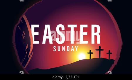 Easter Sunday morning tomb and Calvary with three cross. Holy week poster with typography, crosses and cave with tomb on background. Vector card Stock Vector