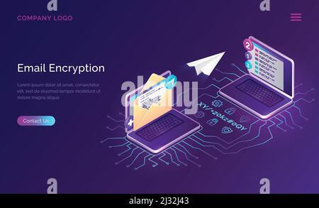 Email encryption, data security isometric concept vector. Open laptop, envelope with message on screen and flying paper airplane, neon connection line Stock Vector