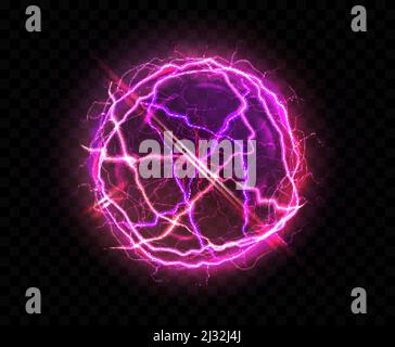 Electric ball or plasma sphere with lens flare, realistic vector illustration. Abstractt ball lightning or powerful electric discharges isolated at ni Stock Vector