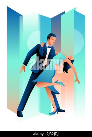 Couple dancing, art deco vector illustration style Stock Vector