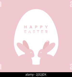 Happy Easter. Minimalist bunnies inside an white Easter egg. Pale pink color. For greeting card, poster, banner. Vector illustration, flat design Stock Vector