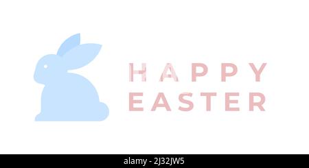 Happy Easter. Minimalist bunny. Pale blue color. For greeting card, poster, banner. Horizontal format. Vector illustration, flat design Stock Vector