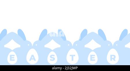 Happy Easter. Bunnies and white Easter eggs. Pale blue color. For greeting card, poster, banner. Horizontal format. Vector illustration, flat design Stock Vector