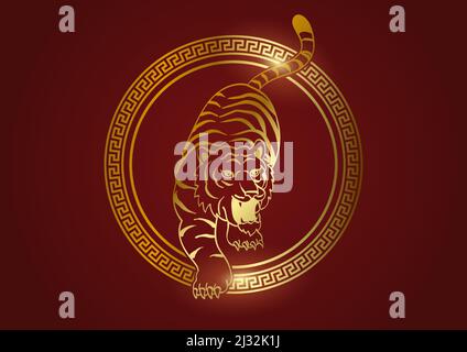 Golden circle with oriental ornament and golden tiger line art, Chinese new year theme Stock Vector