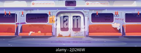 Metro in getto, empty subway tube wagon interior with graffiti, broken seats and garbage around. Old underground metropolitan railroad urban transport Stock Vector