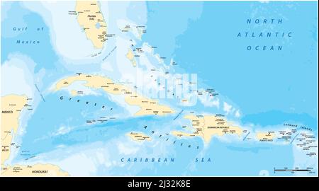 Greater Antilles political vector map with English labeling Stock Vector