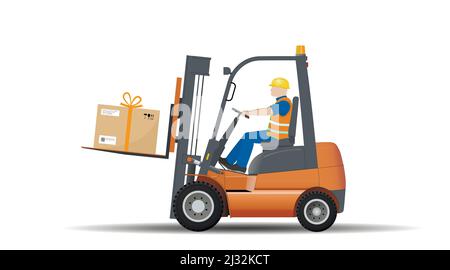 A forklift driver is carrying a box of gifts for the holiday. Stock Vector