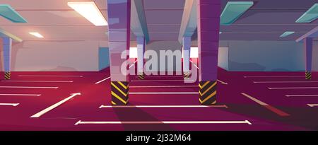 Underground car parking. Empty basement garage with columns, road marking lots for automobiles and guiding arrows in corridor. Vector cartoon interior Stock Vector