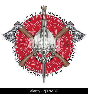 Viking helmet, crossed viking axes and in a wreath of Scandinavian pattern and Norse runes Stock Vector