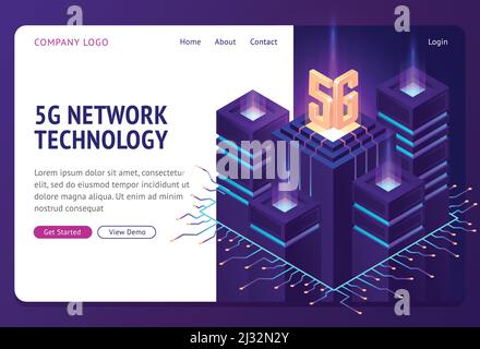 5g network technology isometric landing page. Wireless mobile telecommunication new generation cell service. Smartphone internet speed connection back Stock Vector