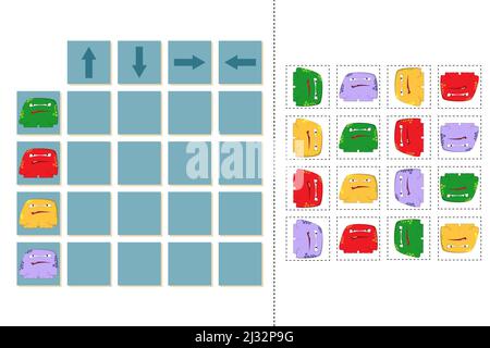 Match cartoon monsters and directions up, down, left and right. Educational game for children. Stock Photo