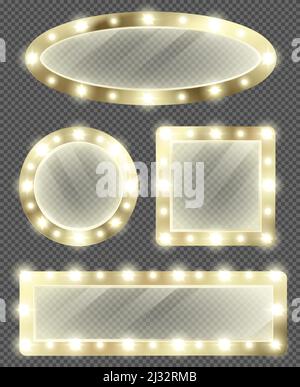 Makeup mirror in gold frame with light bulbs. Vector realistic different shapes mirrors for theater actors or fashion model dressing room isolated on Stock Vector