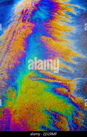 Many Colours produced by an oil leak on a wet road. Stock Photo