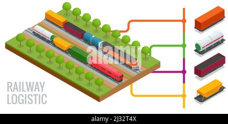 Isometric Diesel Locomotive, Rail Covered Wagon, Tanks, Freight, Cisterns, Open Rail Car for Transportation of Bulk Cargoes. Transportation of Coal Stock Vector