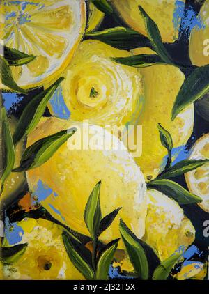 Lemons with leaves. Oil painting with brush strokes. Stock Photo