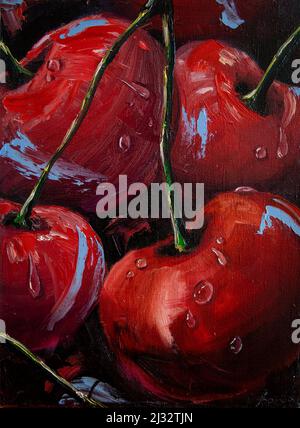 Red cherries. Oil painting with brush strokes. Stock Photo