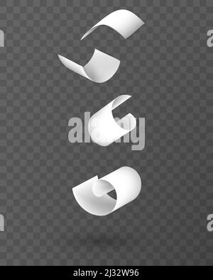 Fly papers set. Chaotic falling and flying empty white sheets group, scattered notes with curved pages corners, document mockup isolated on transparen Stock Vector