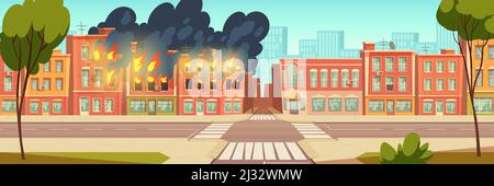 Fire in city house, vector cartoon urban landscape with burning building, red flame with black smoke, danger background Stock Vector