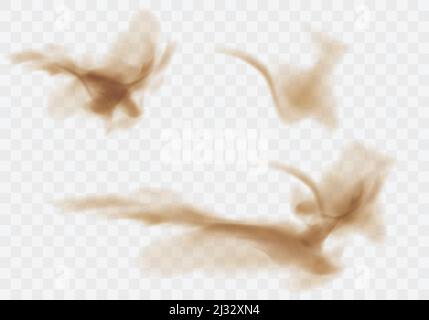 Desert sandstorm set, brown dusty clouds or dry sand flying with gust of wind, explosion collection realistic texture vector illustration isolated on Stock Vector