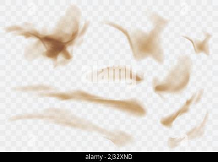 Desert sandstorm set, brown dusty clouds or dry sand flying with gust of wind, explosion collection realistic texture vector illustration isolated on Stock Vector