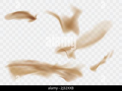 Desert sandstorm set, brown dusty clouds or dry sand flying with gust of wind, explosion collection realistic texture vector illustration isolated on Stock Vector