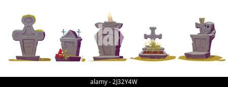 Tombstone with RIP inscription, old texture and green moss, cartoon vector. Gravestones with crosses, burning candles, flowers and a human skull, hall Stock Vector