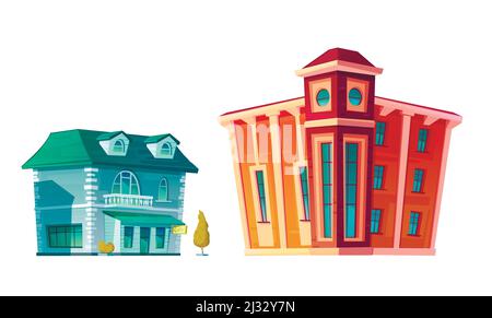 Urban retro building cartoon vector set illustration. Old residential and government buildings with shop or cafe on lower floor, isolated on white bac Stock Vector