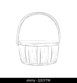 Hand-drawn wicker basket isolated on a white background.Oval high basket for a picnic, for collecting mushrooms and berries, for Easter, for a holiday Stock Vector