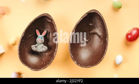 close up of chocolate easter egg with surprise Stock Photo