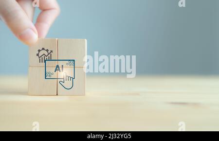 Data driven AI concept. For making decision faster and better. AI driven analytic to increase business performance and growth. Hand puts the wooden cu Stock Photo
