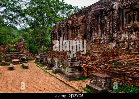 A long Cham brick building in ruins at My Son. Stock Photo