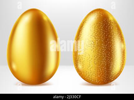 Golden eggs realistic vector set illustration. Shining Easter eggs from gold metal decorated with elegant pattern, festive gift with shadow and reflec Stock Vector