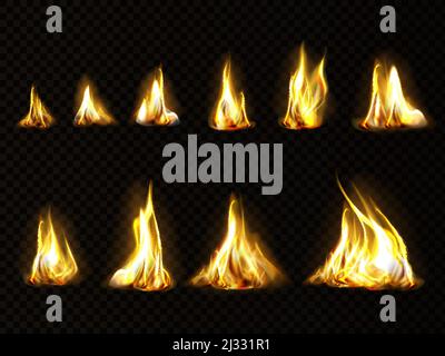Realistic fire set for animation, torch flame isolated on transparent  background. Burning blaze effect, glow orange and yellow shining flare  design el Stock Vector Image & Art - Alamy