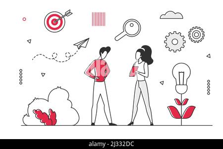 Professional team meeting on brainstorming business session. Problem solving and setting target ideas vector monocolor illustration Stock Vector