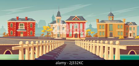 Bridge over rivet and promenade in old european town. Vector cartoon cityscape with old lake quay, empty seafront with retro architecture, autumn tree Stock Vector