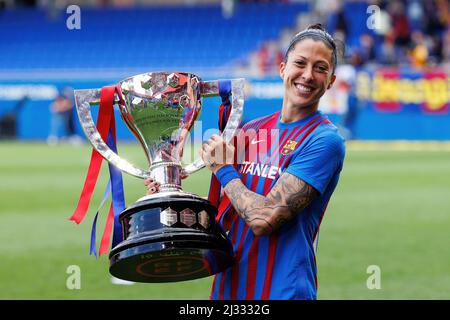 BARCELONA - MAR 13: Jenni Hermoso celebrates wih the Primera Iberdrola trophy after the match between FC Barcelona Women and Real Madrid Women at the Stock Photo